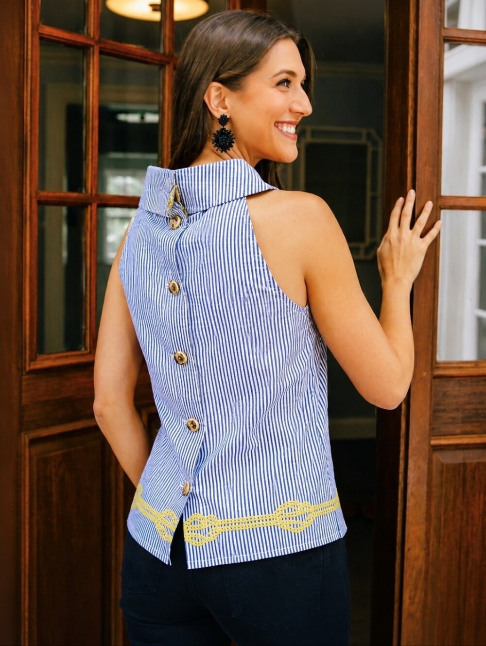 ❤️ SAIL TO SABLE EMBROIDERED BACK BUTTON TOP IN COTTON POPLIN STRIPE, SLEEVELESS